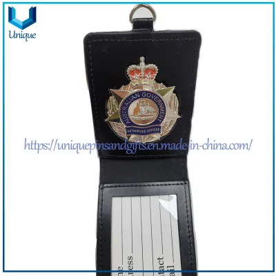 Distintivo de metal oficial do governo australiano personalizado com suporte de couro de vaca, distintivo prateado da polícia australiana com suporte de couro