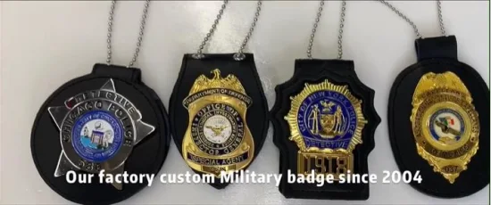 China Sedex BSCI Certified Factory Design de logotipo personalizado Metal Craft Awards Distintivo Titular de cartão de couro Segurança Distintivo de alfinete de lapela da polícia militar